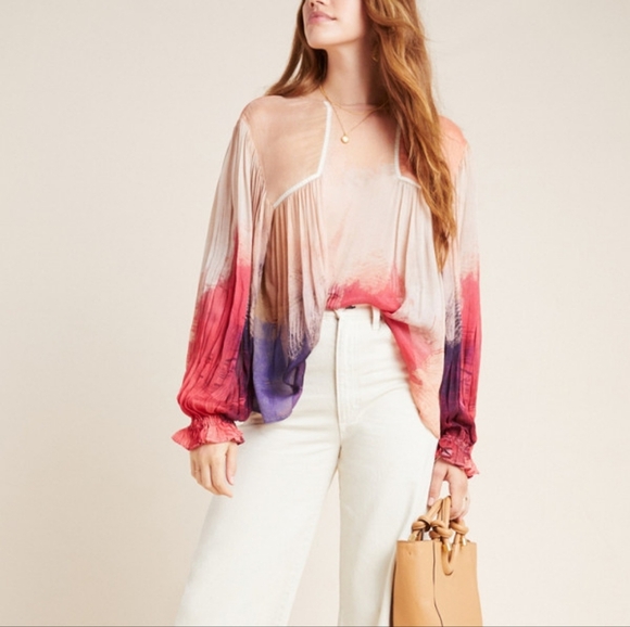 Bl^nk London x Anthropologie MIRANDA Brush Strokes Eclectic Red Sheer Top PS - Picture 2 of 15